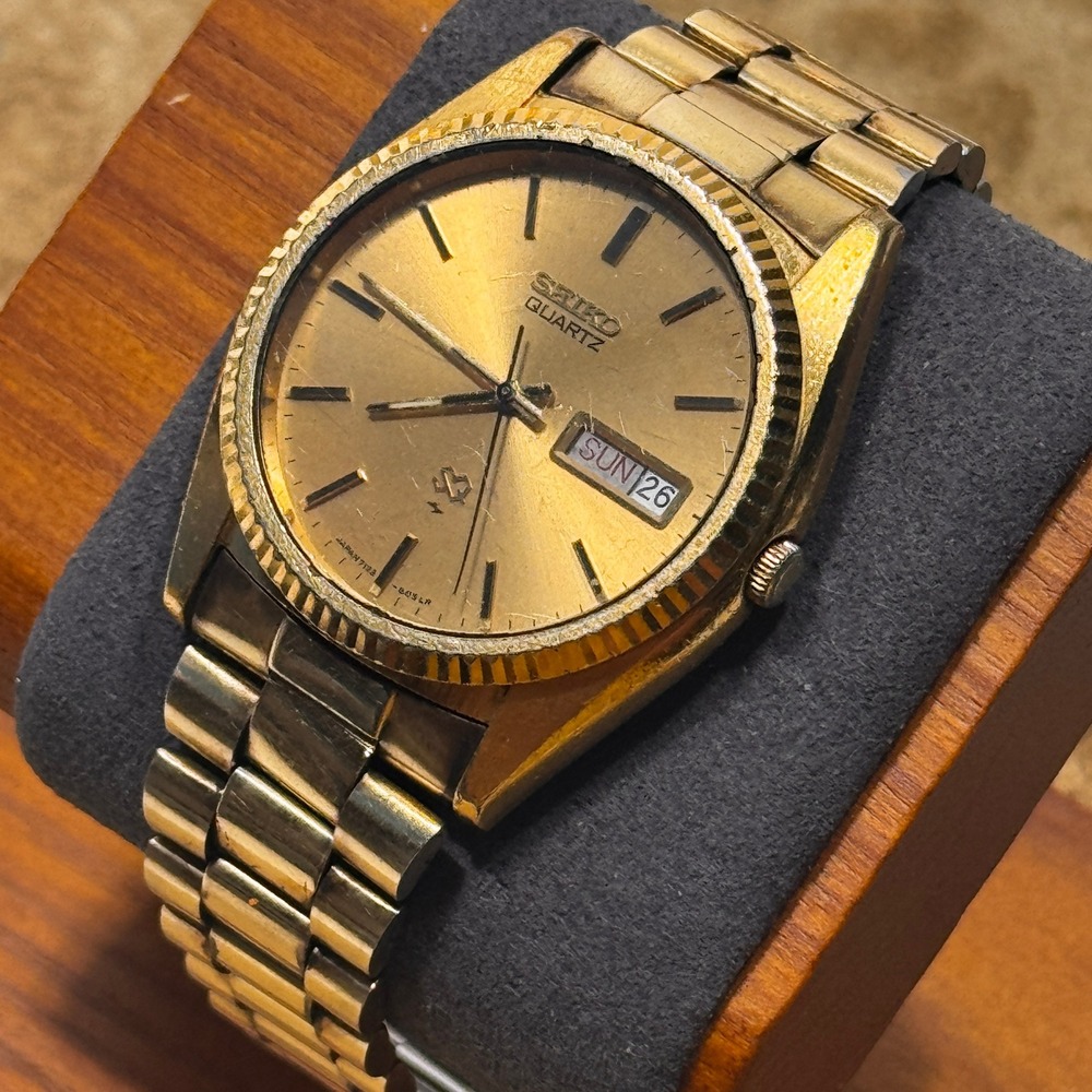 Seiko 7123-8059 President Quartz Gold Tone Day-Date Vintage Watch NEW BATTERY